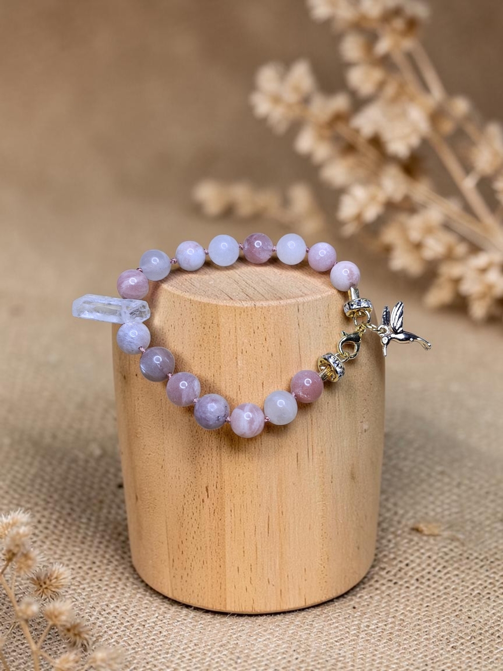 Pink Rose Quartz Beaded Bracelet with Hummingbird Charm